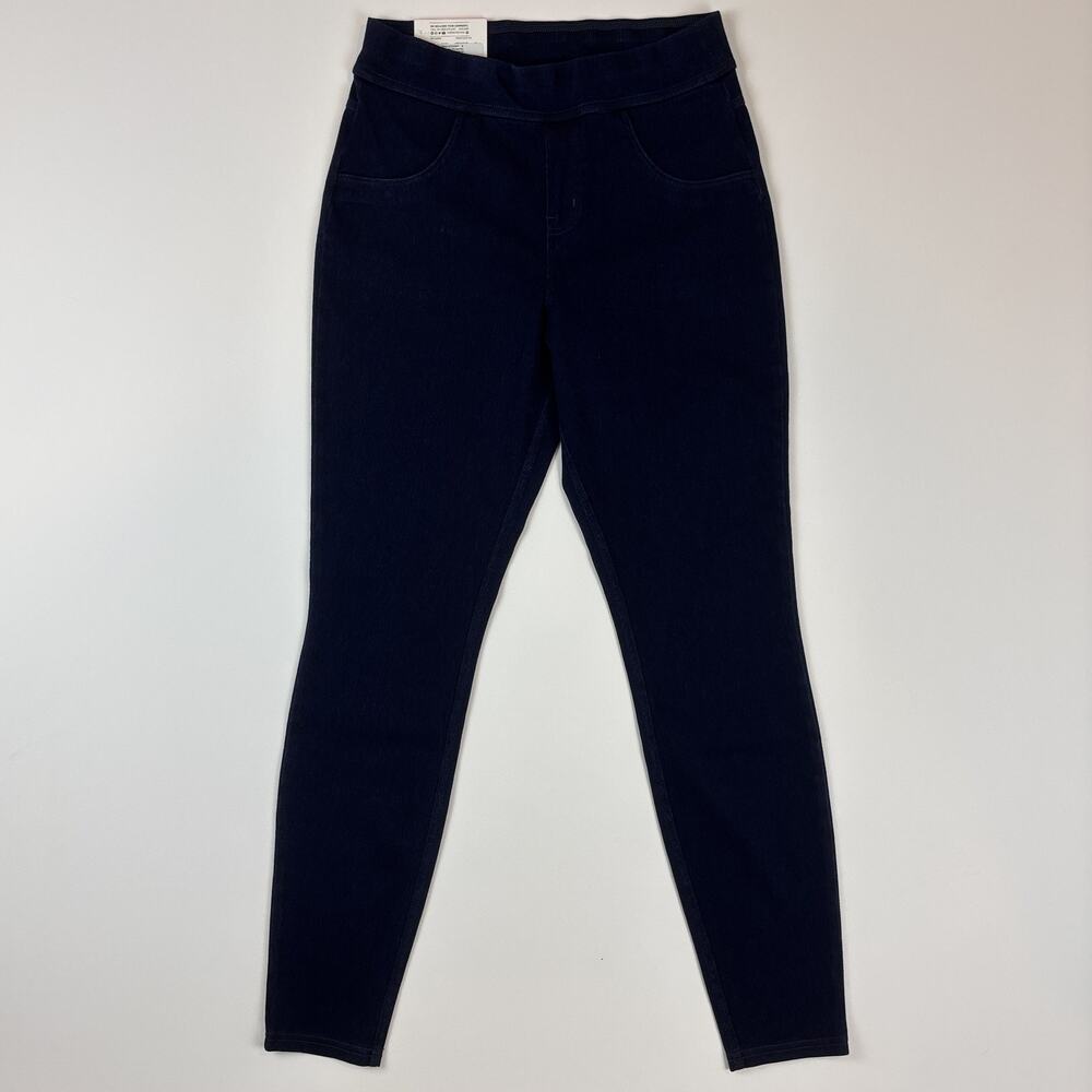 Hue Yoga Stretch Midnight Blue Denim Leggings w/ Back Pockets Wide Waistband SM
